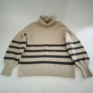 Michael Kors Women's S beige w grey stripes light wool turtleneck sweater